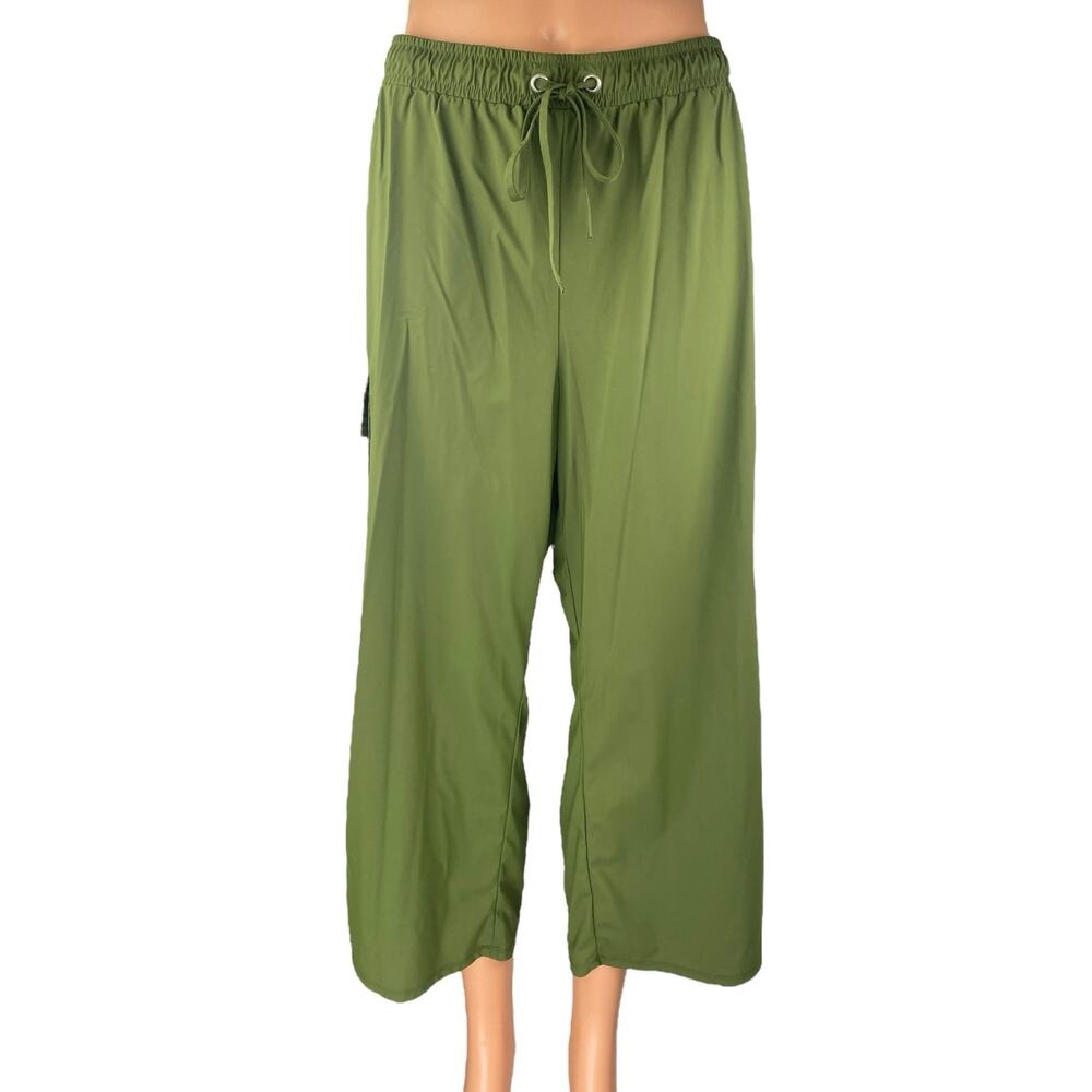 Retrology Green Drawstring High Waisted Cargo Wide Leg Trousers Cropped Pants 1x